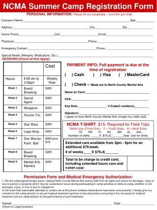 NCMA Summer Camp Registration Form