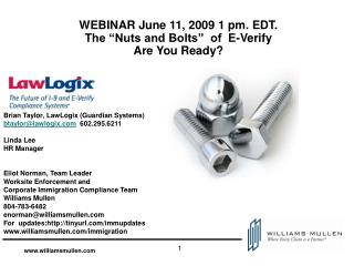 WEBINAR June 11, 2009 1 pm. EDT. The “Nuts and Bolts” of E-Verify Are You Ready?