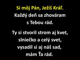 Si môj Pán, Ježiš Kráľ. Každý deň sa zhováram s Tebou rád. Ty si stvoril strom aj kvet,
