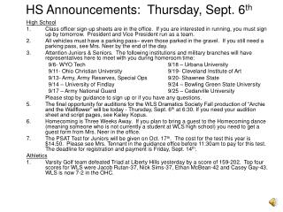 HS Announcements: Thursday, Sept. 6 th