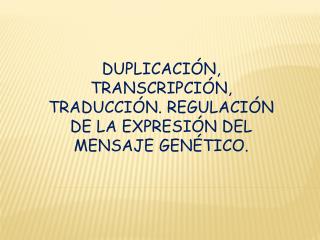 DUPLICACIÓN, TRANSCRIPCIÓN, TRADUCCIÓN. REGULACIÓN DE LA EXPRESIÓN DEL MENSAJE GENÉTICO.