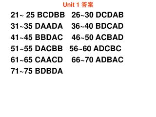 Unit 1 答案 21~ 25 BCDBB 26~30 DCDAB 31~35 DAADA 36~40 BDCAD 41~45 BBDAC 46~50 ACBAD