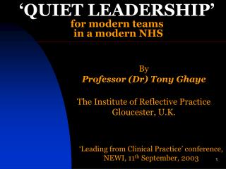 By Professor (Dr) Tony Ghaye The Institute of Reflective Practice Gloucester, U.K.