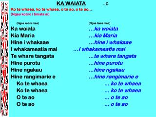 KA WAIATA 		- C Ko te whaea, k o te whaea, o te ao, o te ao... (Ngaa kotiro i timata ai)