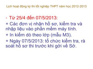 Lịch hoạt động kỳ thi tốt nghiệp THPT năm học 2012-2013