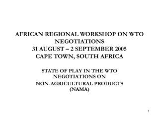 AFRICAN REGIONAL WORKSHOP ON WTO NEGOTIATIONS 31 AUGUST – 2 SEPTEMBER 2005 CAPE TOWN, SOUTH AFRICA