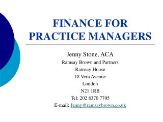 FINANCE FOR PRACTICE MANAGERS