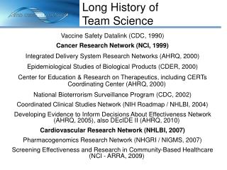 Vaccine Safety Datalink (CDC, 1990) Cancer Research Network (NCI, 1999)