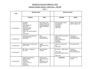 Schedule for Community Medicine 4, 2007 Naresuan Campus, Group 2, Class room : MD 209 Week 1