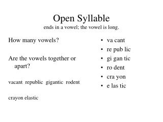 Open Syllable ends in a vowel; the vowel is long.