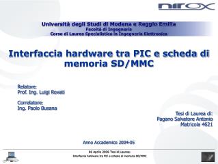 Interfaccia hardware tra PIC e scheda di memoria SD/MMC Relatore : Prof. Ing. Luigi Rovati