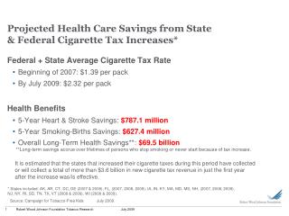 Projected Health Care Savings from State &amp; Federal Cigarette Tax Increases*