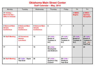 Oklahoma Main Street Center Staff Calendar – May, 2010