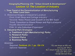 Geography/Planning 379: “Urban Growth & Development” Lecture 13: The Location of Industry