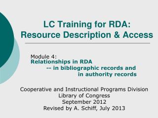 LC Training for RDA: Resource Description &amp; Access