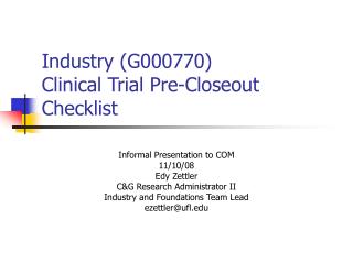 Industry (G000770) Clinical Trial Pre-Closeout Checklist