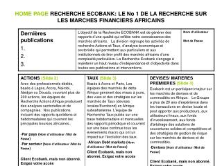HOME PAGE RECHERCHE ECOBANK: LE No 1 DE LA RECHERCHE SUR LES MARCHES FINANCIERS AFRICAINS
