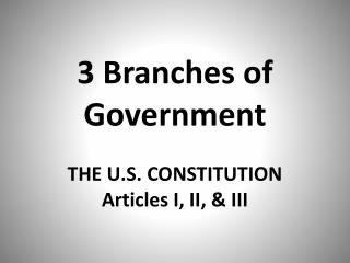 3 Branches of Government THE U.S. CONSTITUTION Articles I, II, &amp; III