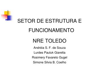 SETOR DE ESTRUTURA E FUNCIONAMENTO NRE TOLEDO Andréia S. F. de Souza Lurdes Pauluk Giaretta