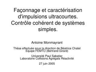 Façonnage et caractérisation d'impulsions ultracourtes. Contrôle cohérent de systèmes simples.