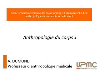 Anthropologie du corps 1 A. DUMOND Professeur d ’ anthropologie médicale