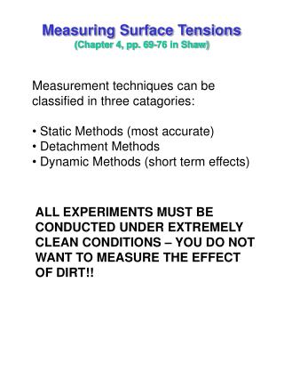 Measuring Surface Tensions (Chapter 4, pp. 69-76 in Shaw)