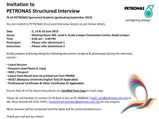 To all PETRONAS Sponsored Students (graduating September 2013)