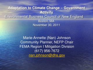 Marie-Annette (Nan) Johnson Community Planner, NEFP Chair FEMA Region I Mitigation Division