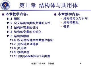 本章教学内容： 11 .1 概述 11 .2 定义结构体类型变量的方法 11 .3 结构体变量的引用 11 .4 结构体变量的初始化 11.5 结构体数组