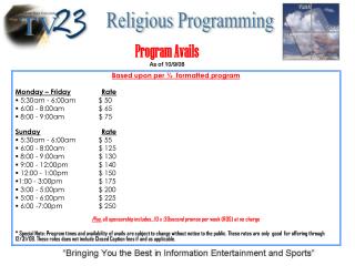 Program Avails As of 10/9/08