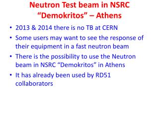 Neutron Test beam in NSRC “ Demokritos ” – Athens