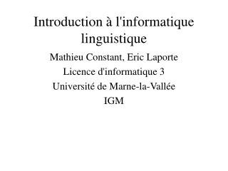 Introduction à l'informatique linguistique