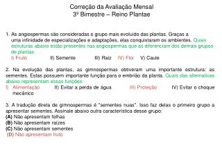 Correção da Avaliação Mensal 3º Bimestre – Reino Plantae