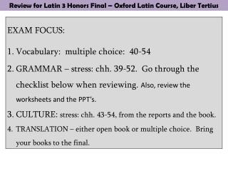 Review for Latin 3 Honors Final – Oxford Latin Course, Liber Tertius