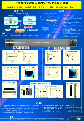 １． 円筒型反応器を使用して、水平照射と垂直照射の反応分布と効率を求めた。 ２． 水平照射、垂直照射共に反射板または水面近傍で、ルミノール発光と大きな温度上昇が観測された。