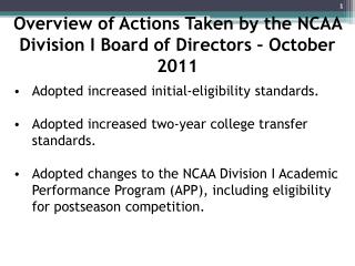 Overview of Actions Taken by the NCAA Division I Board of Directors – October 2011