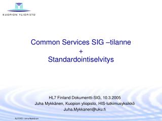 Common Services SIG –tilanne + Standardointiselvitys