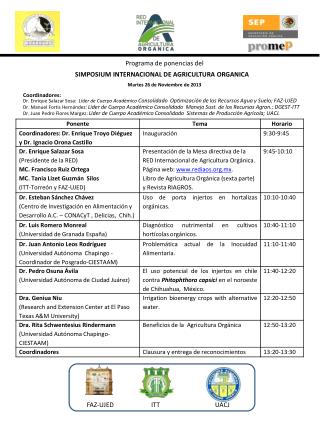 Programa de ponencias del SIMPOSIUM INTERNACIONAL DE AGRICULTURA ORGANICA