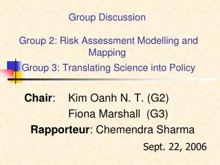 Chair : 	Kim Oanh N. T. (G2) 		Fiona Marshall (G3) Rapporteur : Chemendra Sharma