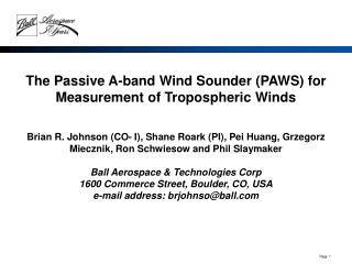 The Passive A-band Wind Sounder (PAWS) for Measurement of Tropospheric Winds