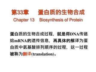 第 33 章 蛋白质的生物合成 Chapter 13 Biosynthesis of Protein