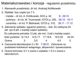 Materiałoznawstwo i korozja - regulamin przedmiotu