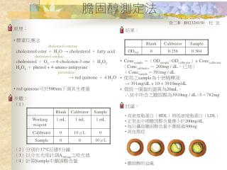 原理： 酵素反應法 cholesterol esterase cholesterol ester ＋ H 2 O → cholesterol ＋ fatty acid