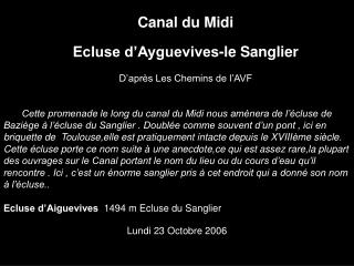 Canal du Midi Ecluse d’Ayguevives-le Sanglier D’après Les Chemins de l’AVF