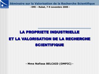 Séminaire sur la Valorisation de la Recherche Scientifique - EMI – Rabat, 7-9 novembre 2005 -