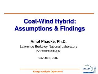 Coal-Wind Hybrid: Assumptions &amp; Findings