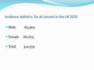 Incidence statistics for all cancers in the UK 2010