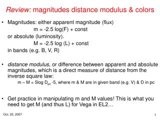 Review: magnitudes distance modulus &amp; colors