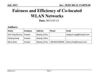 Fairness and Efficiency of Co - located WLAN Networks