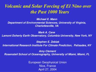 Volcanic and Solar Forcing of El Nino over the Past 1000 Years